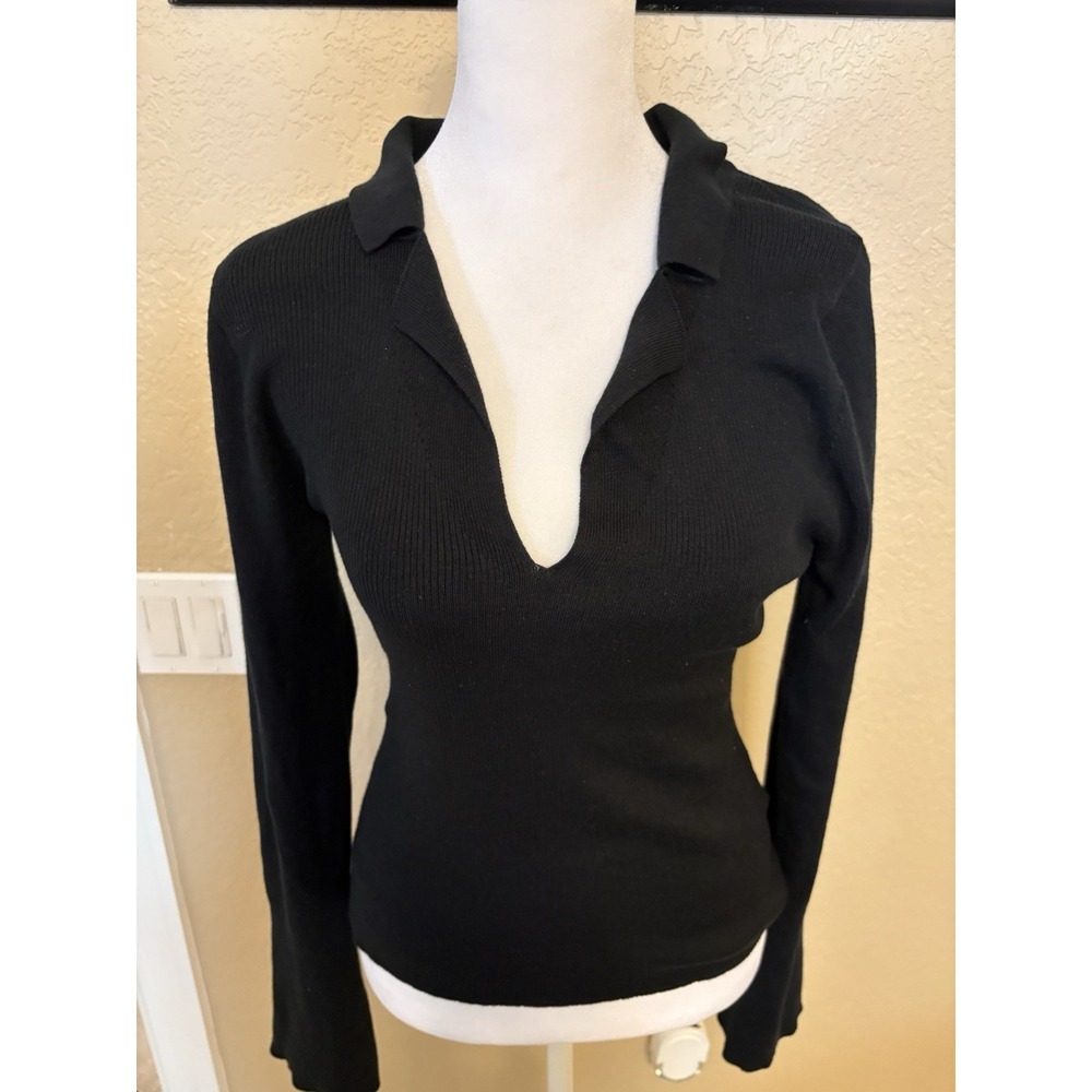 J Crew Women's Black Ribbed Knit Deep V Pullover, Medium, Silk Blend